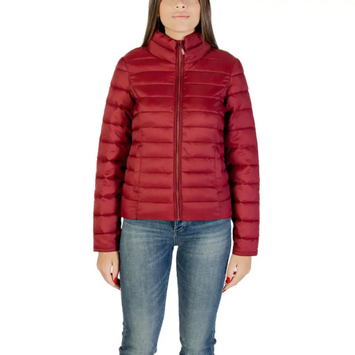Women’s Long Bordeaux Turtleneck Zip Jacket featuring a red puffer design with stand-up collar