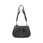 Black leather Love Moschino shoulder bag with gold heart and M logo front view