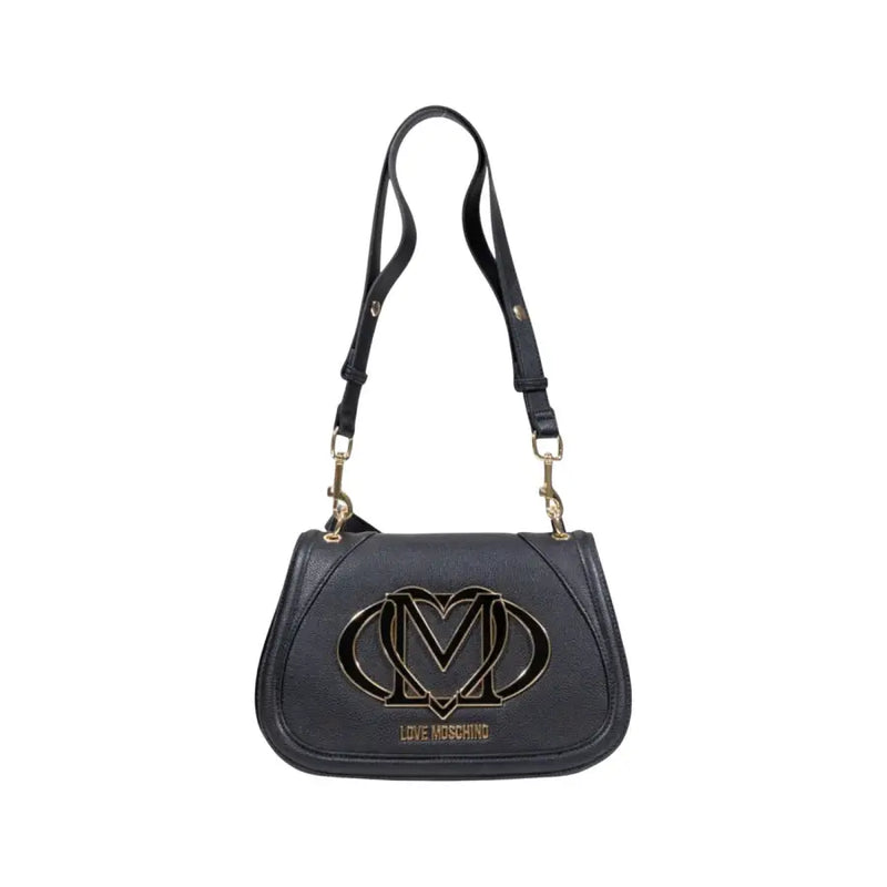 Black leather Love Moschino shoulder bag with gold heart and M logo front view