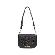 Black leather Love Moschino crossbody bag with gold interlocking heart and M logo