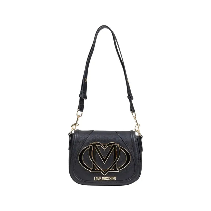 Black leather Love Moschino crossbody bag with gold interlocking heart and M logo