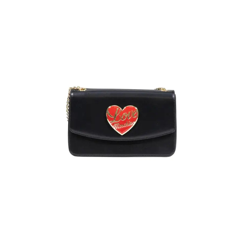 Black patent leather Love Moschino shoulder bag with gold chain strap and red heart embellishment
