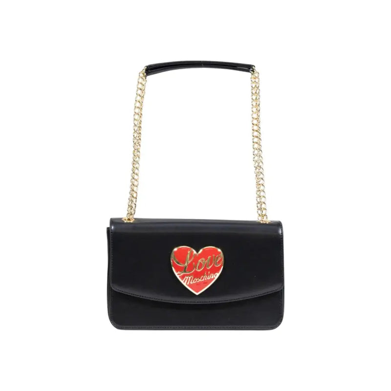 Black Flap Shoulder Bag with Gold Chain Strap and Red Heart Appliqué for Love Moschino Handbag