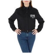 Love Moschino black printed long women’s button-up jacket with love text on chest zip and pockets detail