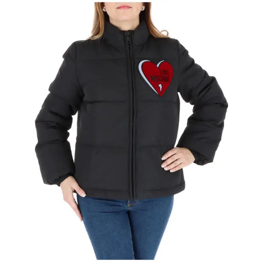 Love Moschino black printed puffer jacket with bold red heart patch and zip pockets on the left chest