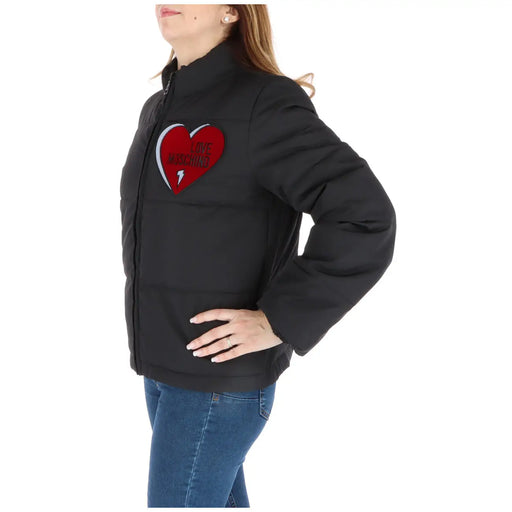 Love moschino black puffer jacket with bold red heart patch and i love this embroidery with lightning bolt symbol