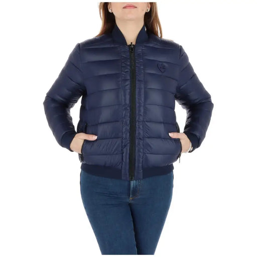Navy blue quilted puffer jacket with black zipper and heart logo on chest from Love Moschino womens collection