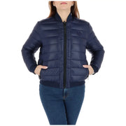 Navy blue quilted puffer jacket with black zipper and heart logo on chest from Love Moschino womens collection