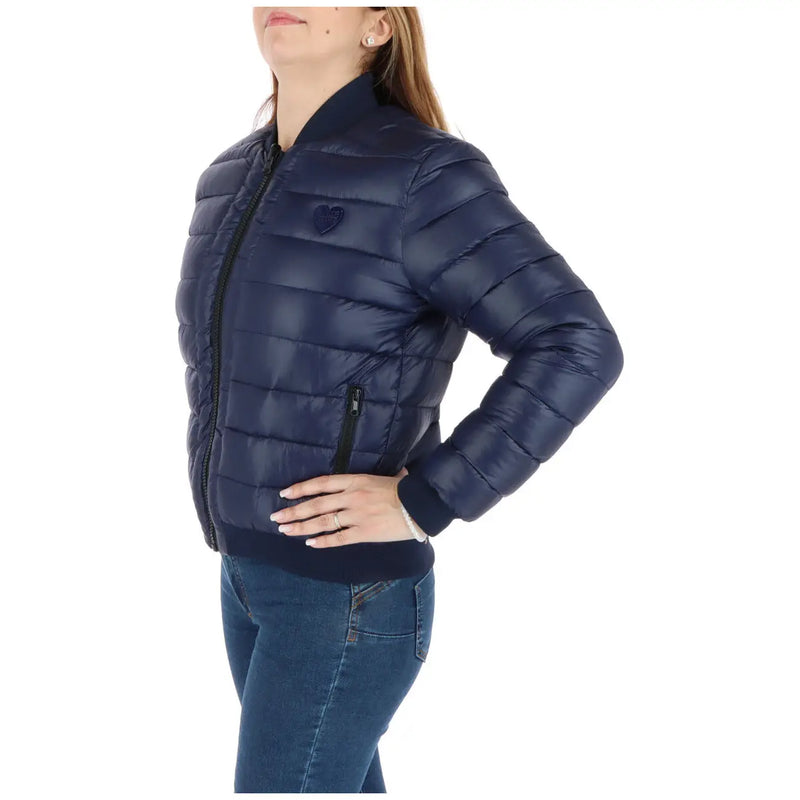 Navy blue quilted bomber jacket with heart-shaped logo on chest from Love Moschino printed women’s jacket collection