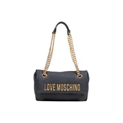 Black leather shoulder bag with gold chain straps and LOVE MOSCHINO gold lettering