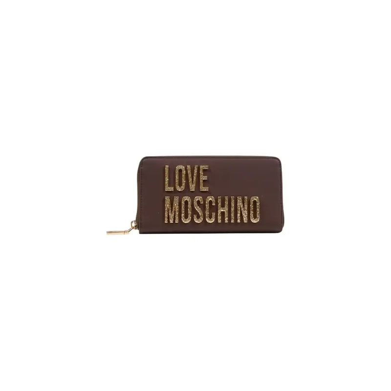 Brown Love Moschino zip wallet with glitter gold lettering in polyurethane