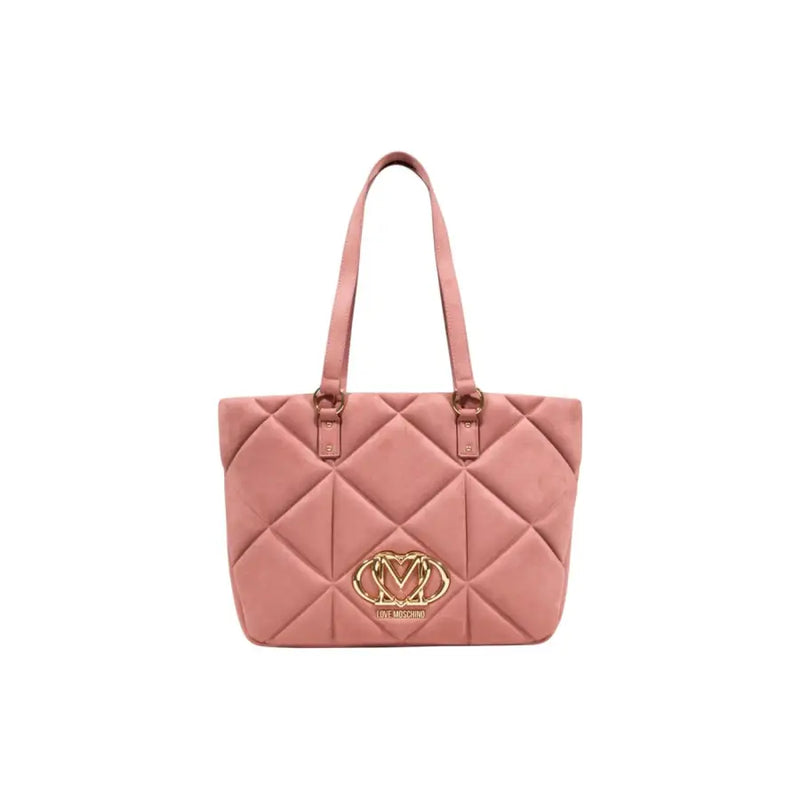 Pink quilted suede tote bag with gold-tone hardware and double handles from Love Moschino