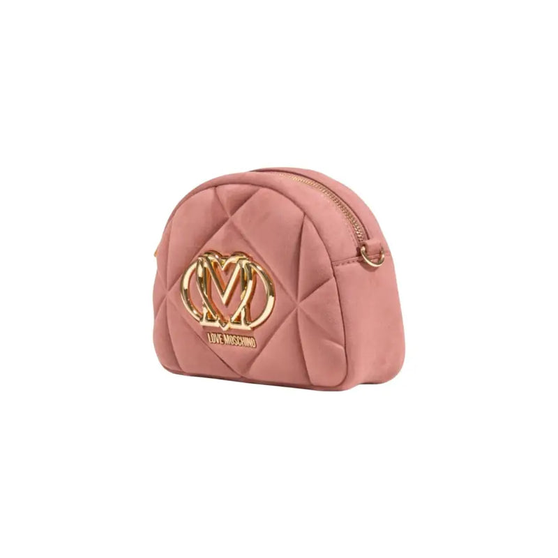Pink quilted suede Love Moschino crossbody bag with gold heart-shaped M logo and zipper