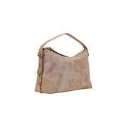 Beige suede love moschino hobo bag with gold-tone hardware and detachable shoulder strap in polyester material
