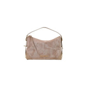 A taupe suede Love Moschino hobo bag with gold-tone hardware and top handle for women in beige polyester