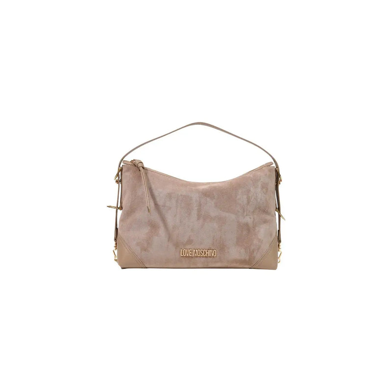 A taupe suede Love Moschino hobo bag with gold-tone hardware and top handle for women in beige polyester