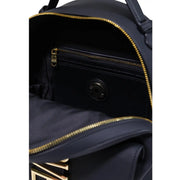 Navy blue nylon Love Moschino women backpack with gold-tone zippers and circular logo patch 13x28x10cm