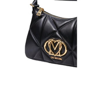 Love Moschino women black quilted leather handbag with gold-tone heart-shaped logo and zipper pull