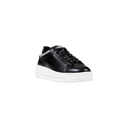 Love Moschino women black platform sneakers in synthetic with black leather, silver stitching, white rubber sole, and black laces