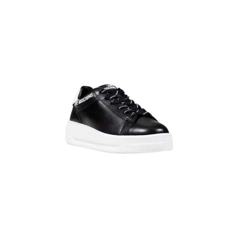 Love Moschino women black platform sneakers in synthetic with black leather, silver stitching, white rubber sole, and black laces