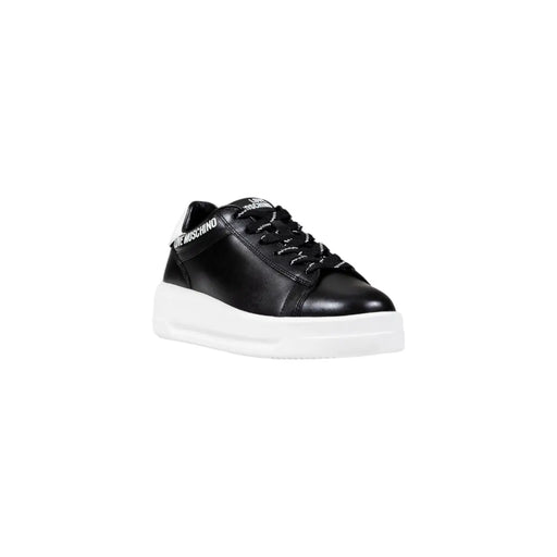 Love Moschino women black platform sneakers in synthetic with black leather, silver stitching, white rubber sole, and black laces
