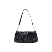 Love Moschino women black polyurethane handbag 27cm with glossy ruched leather body and chain and leather strap