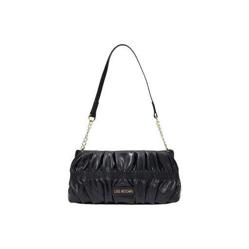 Love Moschino women black polyurethane handbag 27cm with glossy ruched leather body and chain and leather strap