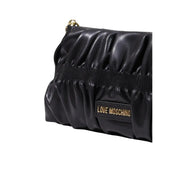 Love Moschino women black polyurethane handbag 27cm with glossy ruched leather texture and gold tone hardware