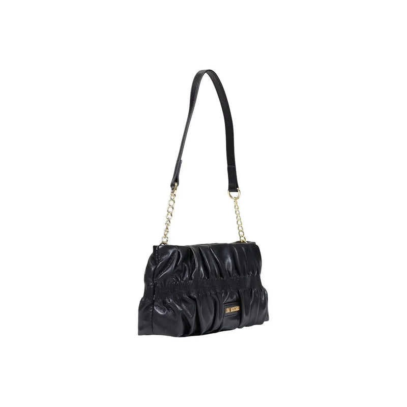 Love Moschino women black ruched leather crossbody handbag with gold-tone chain strap and brand plaque 27cm