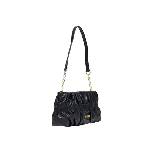 Love Moschino women black ruched leather crossbody handbag with gold-tone chain strap and brand plaque 27cm