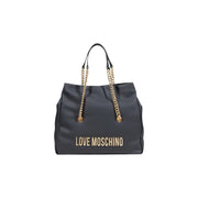 Dark gray Love Moschino tote bag with gold chain straps and gold logo lettering