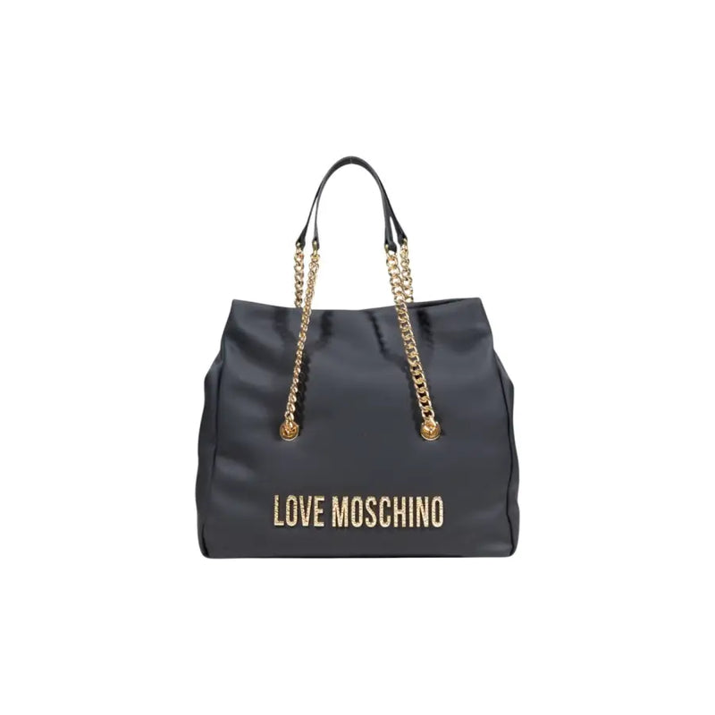 Dark gray Love Moschino tote bag with gold chain straps and gold logo lettering