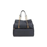 Black faux leather tote bag with gold chain straps and front zipper pocket for Love Moschino Women Handbag