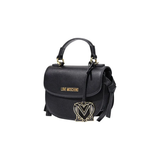 Love moschino women black polyurethane handbag with textured leather gold-tone logo plaque and handle hardware