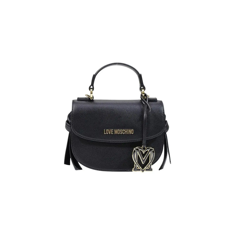 Love Moschino women black textured leather handbag with gold-tone logo plaque and heart-shaped charm measuring W21 x H17 x L8 cm