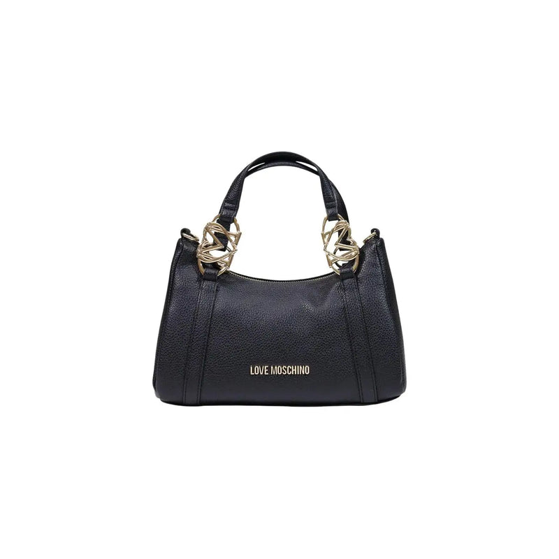 Love Moschino women black shoulder bag in textured polyurethane leather with gold-tone handles and logo detail