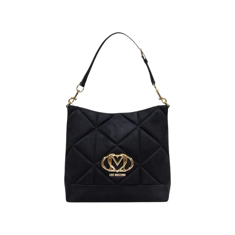 Black quilted Love Moschino shoulder bag with gold interlocking heart logo and zip