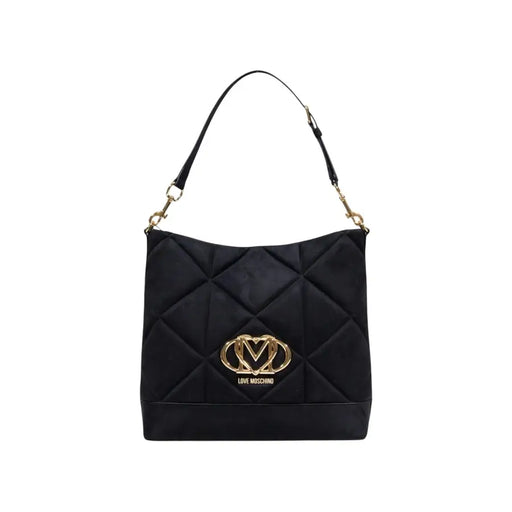 Black quilted Love Moschino shoulder bag with gold interlocking heart logo and zip
