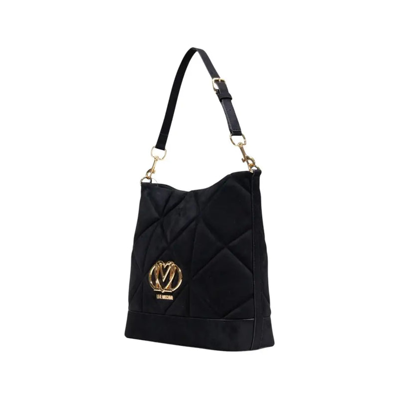 Black quilted Love Moschino women’s suede shoulder handbag with gold hardware and inside pockets