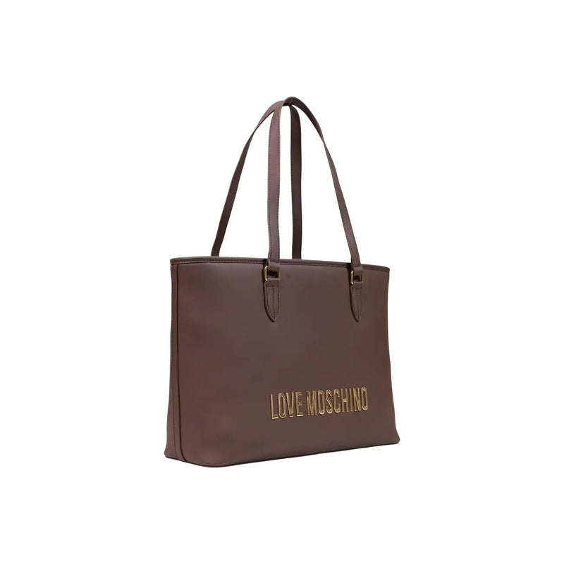 Brown love moschino tote bag with gold-tone lettering and matching leather handles made of polyurethane