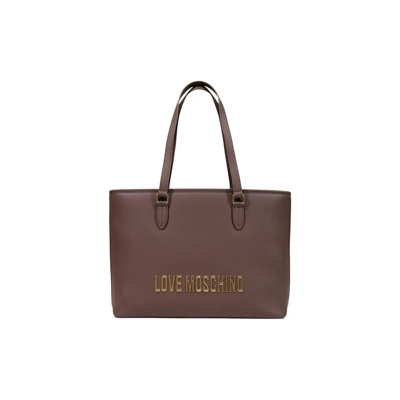 Brown love moschino tote bag in polyurethane with gold-tone lettering and matching handles measuring w13 h28 l13 cm