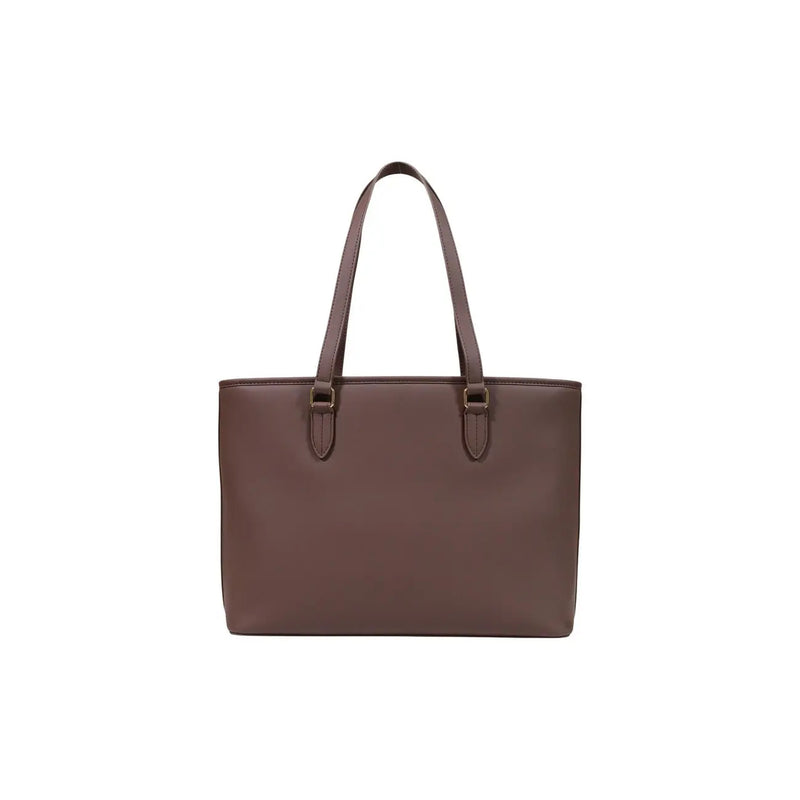 Love Moschino women brown leather tote bag with two top handles and metallic hardware made of polyurethane