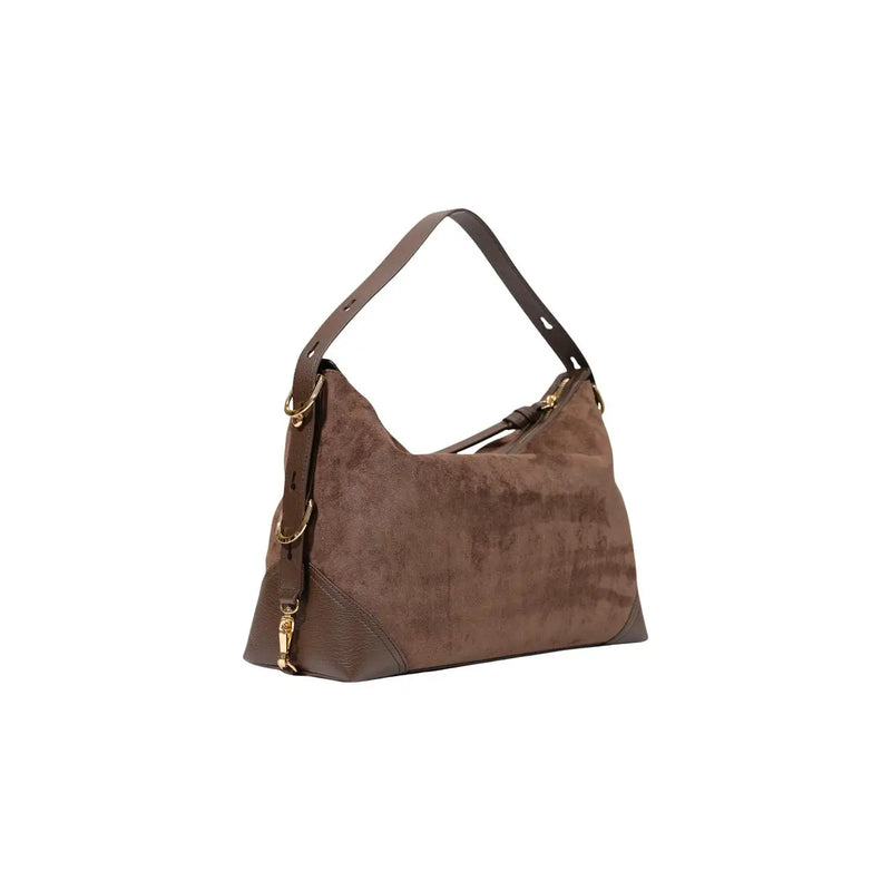 Love Moschino women brown polyester handbag 10x25cm with brown suede hobo design gold hardware detachable strap