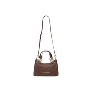Love Moschino women brown polyurethane shoulder bag with textured leather and gold rose-shaped hardware 27 cm