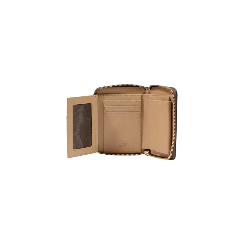 Beige leather tri-fold Love Moschino women wallet with gold-toned zipper and card slots in brown polyurethane W13cm