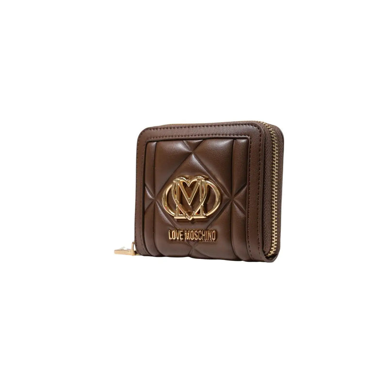 Love Moschino brown quilted polyurethane wallet with gold-tone logo and zipper for women W13cm