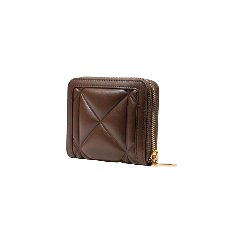 Brown quilted leather love moschino women wallet with gold tone zipper polyurethane w13cm