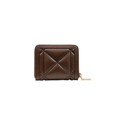 Brown quilted polyurethane wallet for women by Love Moschino with gold-tone zipper pull and compact 13cm size