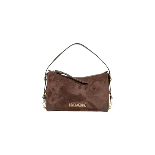 Braune Moschino Love Schultertasche aus Wildleder, 18 cm, mit goldfarbenen Beschlägen und Logo-Patch auf der Vorderseite für Damen