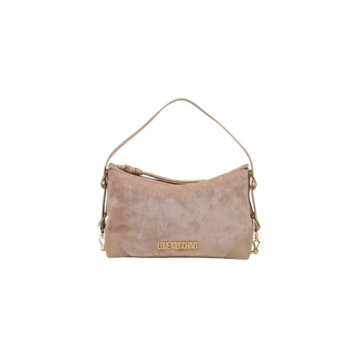 Beige suede Love Moschino women shoulder bag 18 cm with gold-tone hardware and front logo plaque